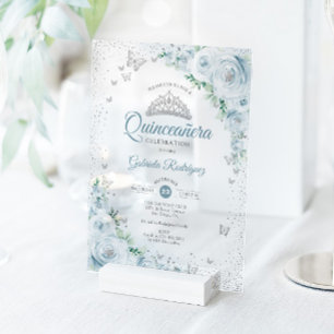 Invitaciones Acrílicas Quinceañera de Rosas Acuarela Floral Azul Bebé