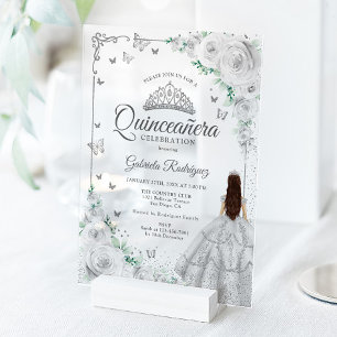 Invitaciones Acrílicas Quinceañera de rosas de acuarela floral plateada