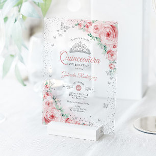 Invitaciones Acrílicas Quinceañera de Rosas Florales de Acuarela Rosa Rub