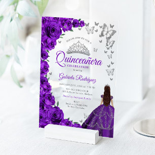 Invitaciones Acrílicas Quinceañera de rosas púrpura en acuarela