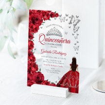 Quinceañera de rosas rojas acuarela plateada