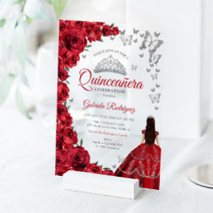 Invitaciones Acrílicas Quinceañera de rosas rojas acuarela plateada