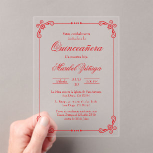 Invitaciones Acrílicas Quinceañera de temática roja acrílica