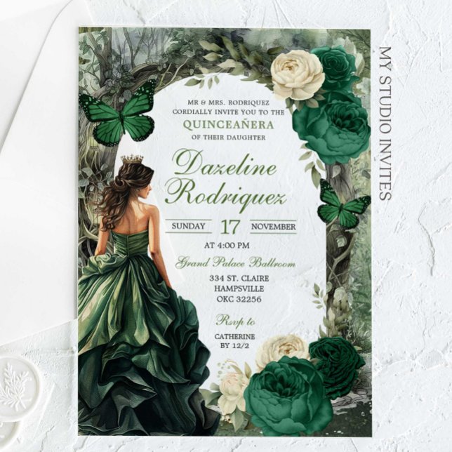 Invitaciones Acrílicas Quinceanera del bosque suntuoso verde esmeralda (Subido por el creador)