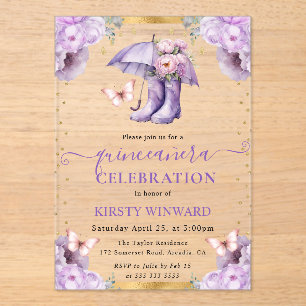 Invitaciones Acrílicas Quinceanera del paraguas de la Primavera Morado y 