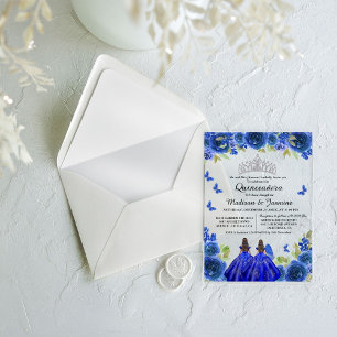 Invitaciones Acrílicas Quinceañera Doble Floral Mariposa Azul Real