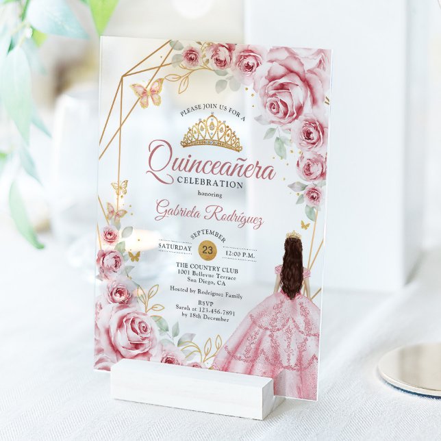 Invitaciones Acrílicas Quinceanera Dorado Rosa Vestido Floral (Subido por el creador)
