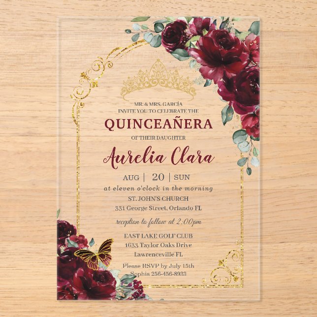 Invitaciones Acrílicas Quinceañera Dulces 15 16 Burgundy Floral Arco Dora (Anverso)