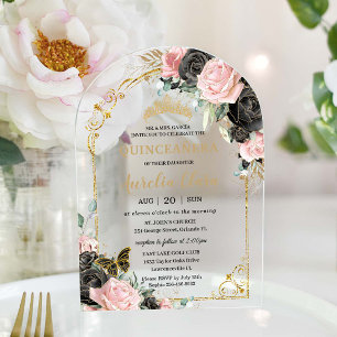 Invitaciones Acrílicas Quinceañera Dulces 16 Arco Negro Rosa Floral Dorad