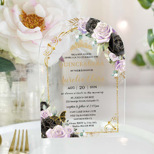 Invitaciones Acrílicas Quinceañera Dulces 16 Negro Púrpura Floral Arco Do