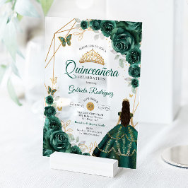 Invitaciones Acrílicas Quinceanera Emerald Green Dress Gold
