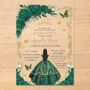 Invitaciones Acrílicas Quinceañera Emerald Green Floral Black Hair Gold