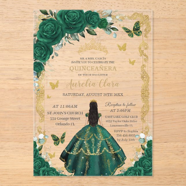 Invitaciones Acrílicas Quinceañera Emerald Green Floral Black Hair Gold (Anverso)