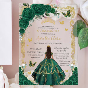 Invitaciones Acrílicas Quinceañera Emerald Green Floral Princess Gold
