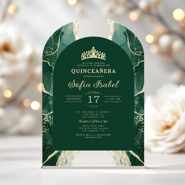 Invitaciones Acrílicas Quinceañera Emerald Green Gold Agate Elegante (Subido por el creador)