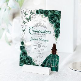 Invitaciones Acrílicas Quinceanera Emerald Green Silver Floral
