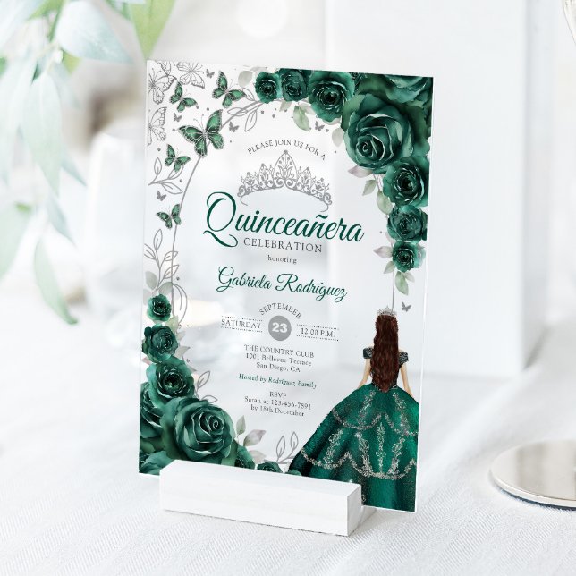 Invitaciones Acrílicas Quinceanera Emerald Green Silver Floral (Subido por el creador)