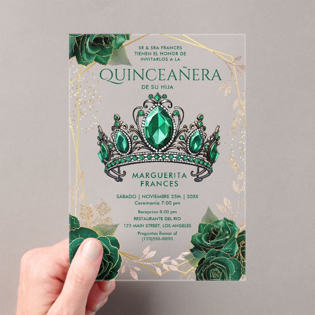 Invitaciones Acrílicas Quinceañera Emerald Green Tiara Floral Español (Insitu (portátil))
