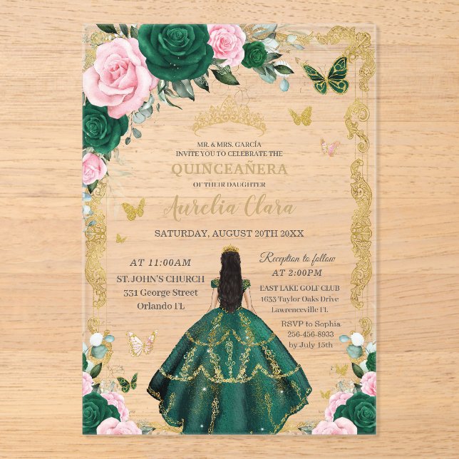 Invitaciones Acrílicas Quinceañera Emerald Pink Floral Black Hair Gold (Anverso)
