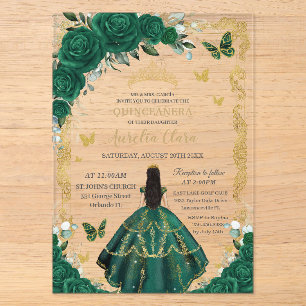 Invitaciones Acrílicas Quinceañera Esmeralda Verde Floral Cabello Negro D