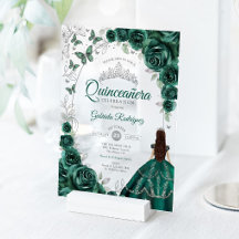 Quinceañera Esmeralda Verde Floral Plateada