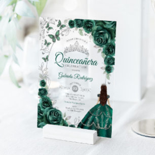 Invitaciones Acrílicas Quinceañera Esmeralda Verde Floral Plateada