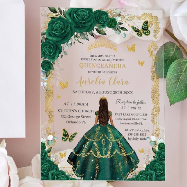Invitaciones Acrílicas Quinceañera Esmeralda Verde Floral Princesa Dorada (Subido por el creador)