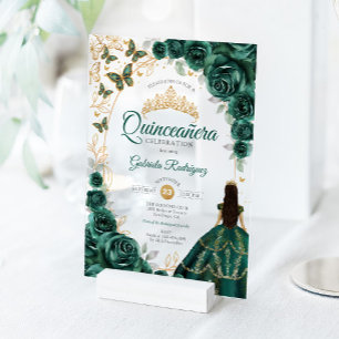 Invitaciones Acrílicas Quinceañera Esmeralda Verde Oro Floral