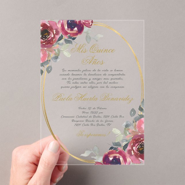 Invitaciones Acrílicas Quinceanera española con flores de Borgoña (Insitu (portátil))