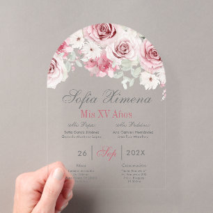 Invitaciones Acrílicas Quinceañera española floral rosa