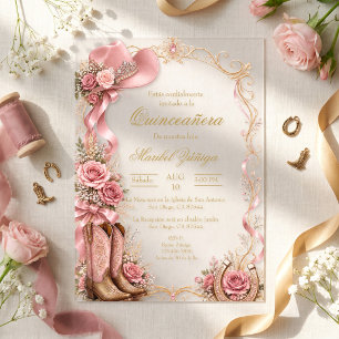 Invitaciones Acrílicas Quinceañera estilo vaquero elegante rosa y dorado