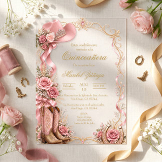 Invitaciones Acrílicas Quinceañera estilo vaquero elegante rosa y dorado