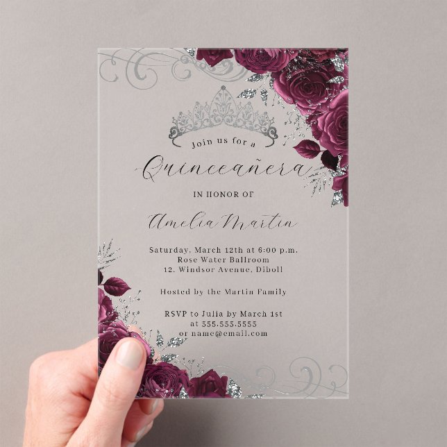 Invitaciones Acrílicas Quinceanera floral acrílica transparente de plata  (Insitu (portátil))