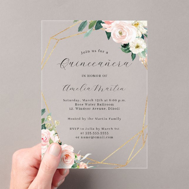 Invitaciones Acrílicas Quinceanera floral acrílica transparente geográfic (Insitu (portátil))
