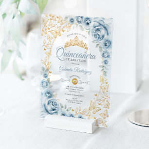 Invitaciones Acrílicas Quinceañera Floral Azul Bebé Dorado