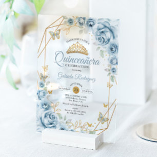 Invitaciones Acrílicas Quinceañera Floral Azul Bebé Dorado