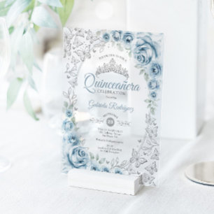 Invitaciones Acrílicas Quinceañera Floral Azul Bebé Plateado