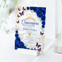 Quinceañera Floral Azul Real Dorado