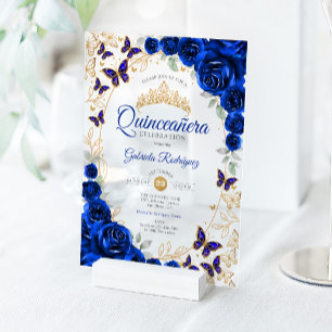 Invitaciones Acrílicas Quinceañera Floral Azul Real Dorado