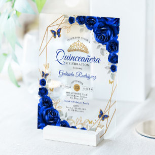 Invitaciones Acrílicas Quinceañera Floral Azul Real Dorado