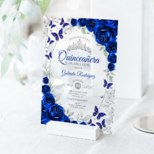 Invitaciones Acrílicas Quinceañera Floral Azul Real Plateado