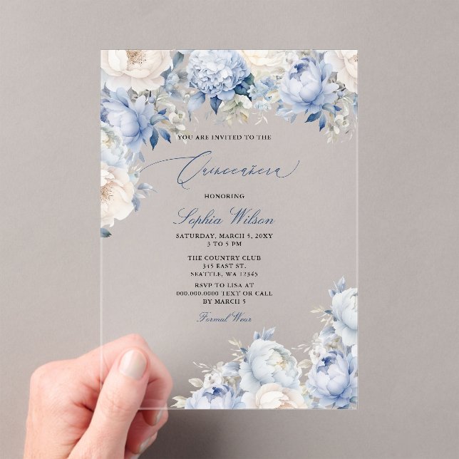Invitaciones Acrílicas Quinceañera floral azul turquesa (Insitu (portátil))