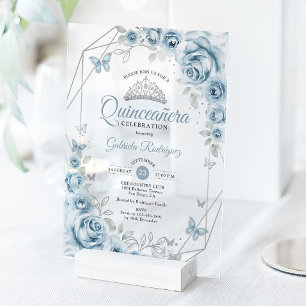 Invitaciones Acrílicas Quinceanera Floral Bebé Plata Azul