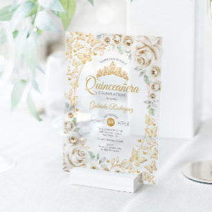 Invitaciones Acrílicas Quinceañera Floral Crema Dorada