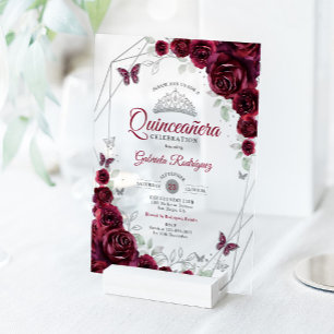 Invitaciones Acrílicas Quinceañera floral de acuarela de Borgoña