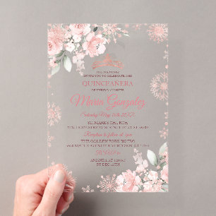 Invitaciones Acrílicas Quinceañera floral de invierno en rosa y dorado ro