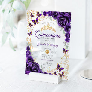Invitaciones Acrílicas Quinceañera Floral de Oro Púrpura