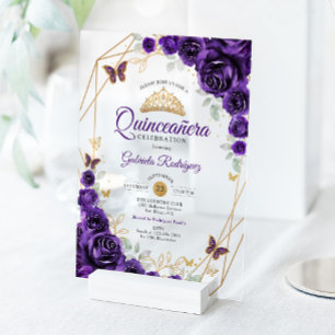 Invitaciones Acrílicas Quinceañera Floral de Oro Púrpura