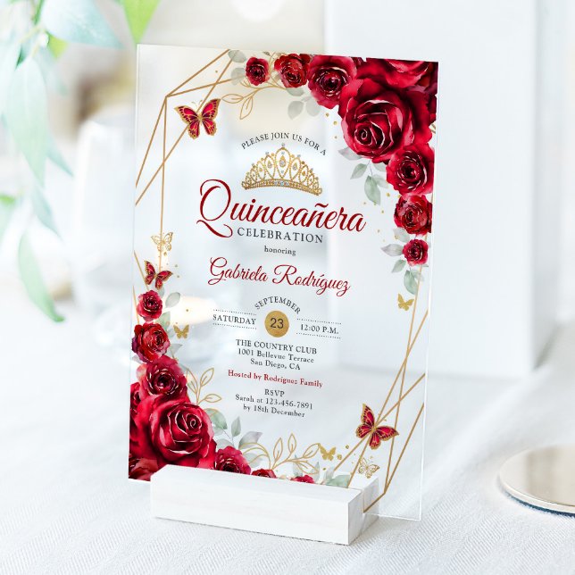 Invitaciones Acrílicas Quinceanera floral de oro rojo (Subido por el creador)