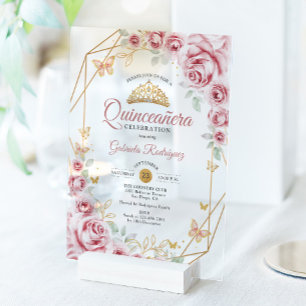 Invitaciones Acrílicas Quinceañera Floral de Oro Rosa